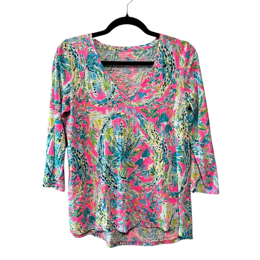 Lilly Pulitzer Etta 3/4 Sleeve V Neck Blouse Top in Multicolor Small S 002179